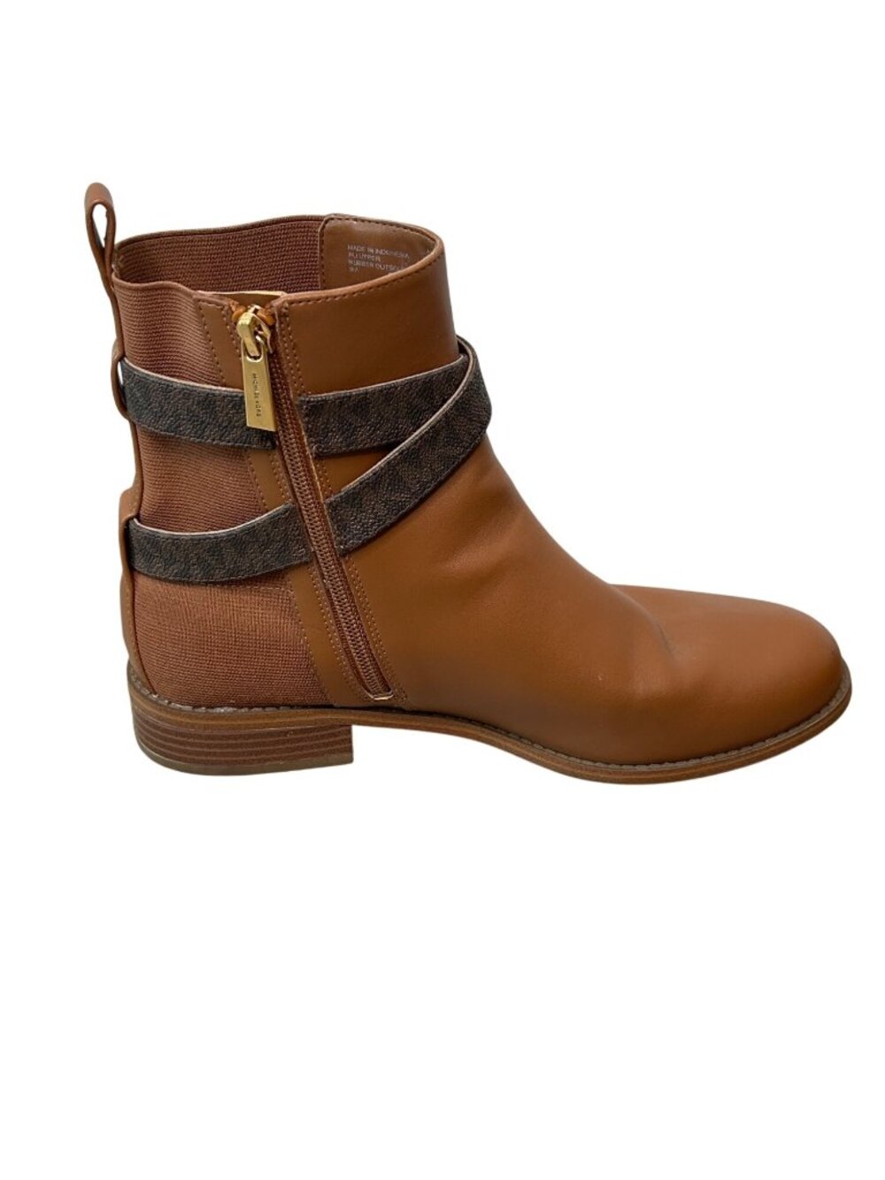 Michael Kors Brown Ankle Boots With Gold Logo Buckle Side Zipper & Faux Leather - Picture 14 of 16